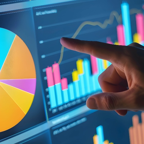 Businessman touching financial data chart and graph