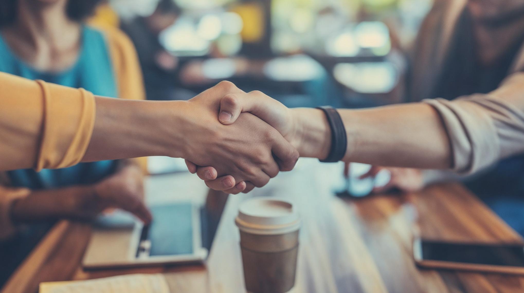 Two people shaking hands, symbolizing agreement, cooperation, or greeting
