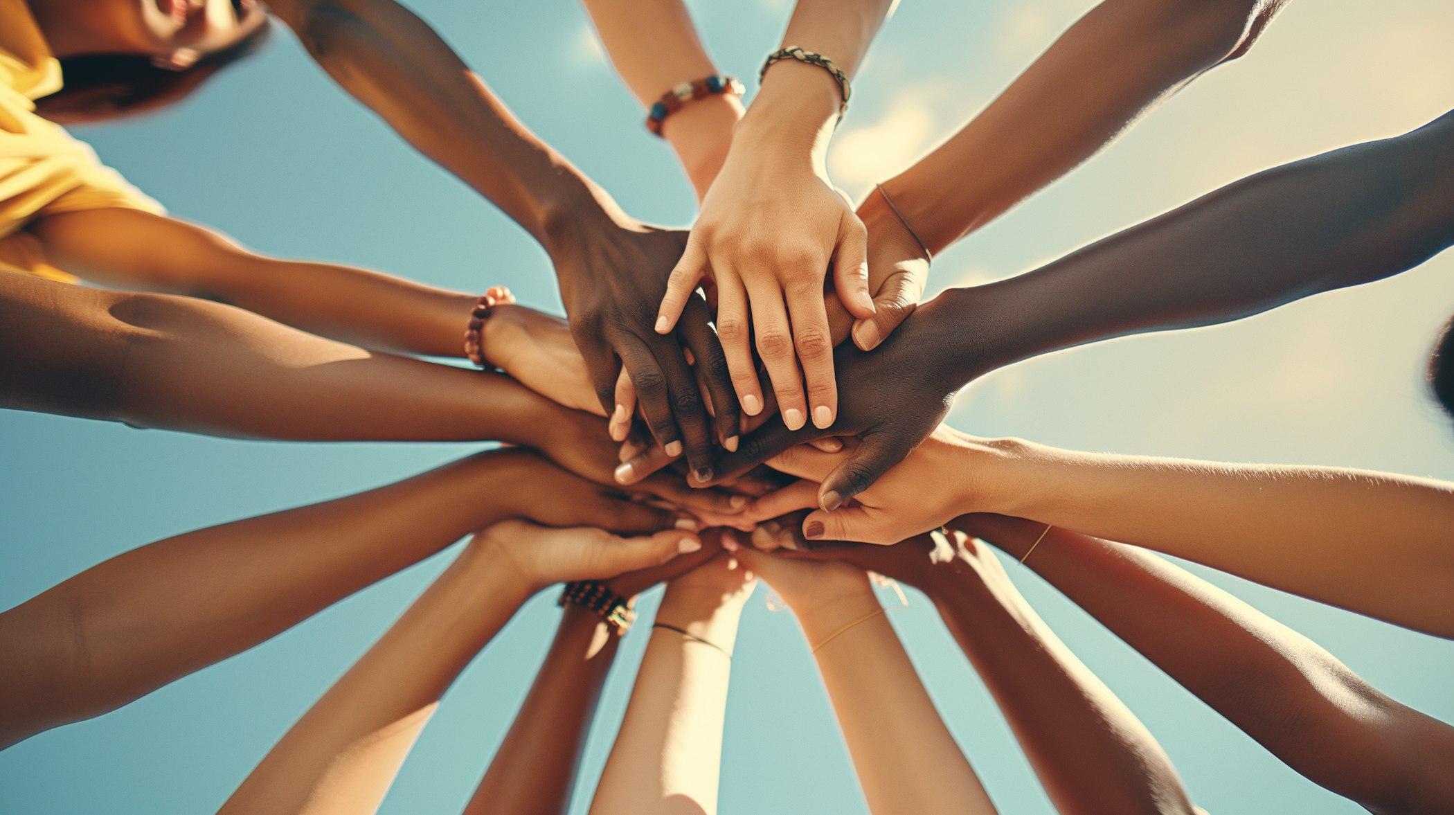 Hands placed on top of each other, symbolizing unity, support, or partnership